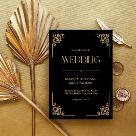 Moderne Deco | Elegante schwarze und goldene Hochz Einladung