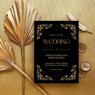 Moderne Deco   Elegante schwarze und goldene Hochz Einladung