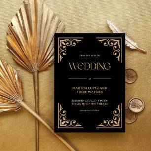 Moderne Deco Elegante schwarze und goldene Hochz Einladung
