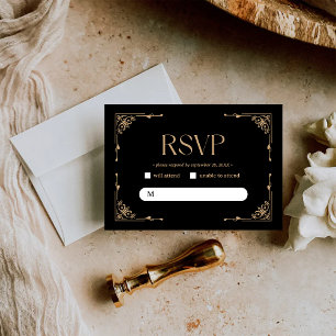 Moderne Deco Elegante schwarze und goldene Hochz RSVP Karte