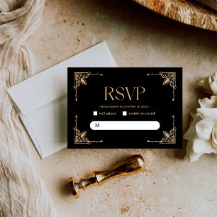 Moderne Deco Elegante schwarze und goldene Hochz RSVP Karte