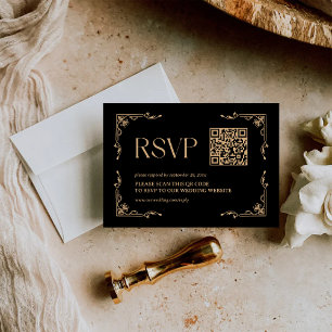 Moderne Deco Hochzeits-QR-Code in Schwarz und Go RSVP Karte