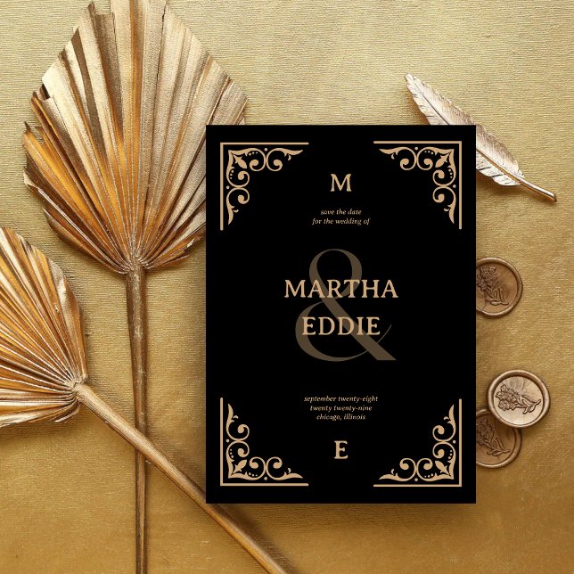 Moderne Deco | Schwarze und goldene Fotohintergrun Save The Date (Modern deco black and gold save the date with photo back reveals your date with elegant charm.)