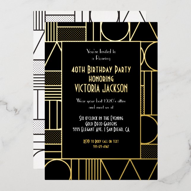 Moderne Deko Roaring 20's Gatsby Birthday Party Folieneinladung (Vorderseite/Rückseite)