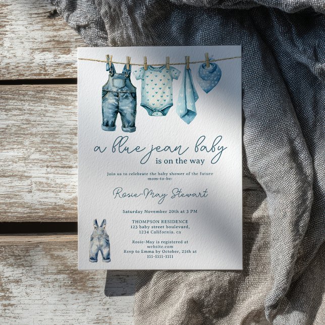 Moderne Denim Blue Jean Clothesline Baby Dusche Einladung (Modern Denim Blue Jean Clothesline Baby Shower Invitation)