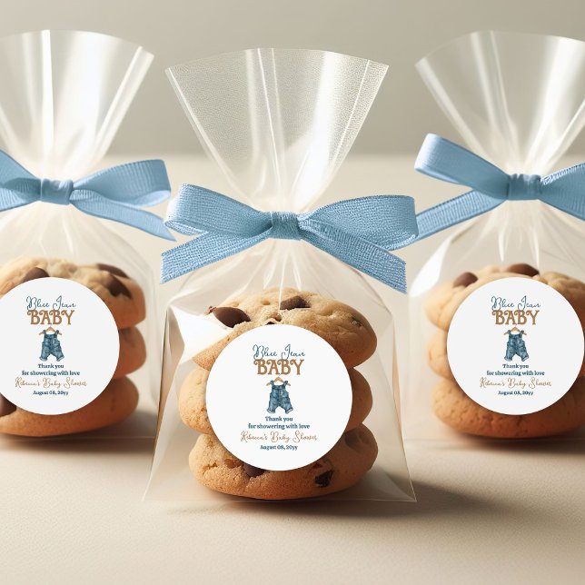 Moderne Denim Boy Blue Jean Baby Dusche Runder Aufkleber (Von Creator hochgeladen)