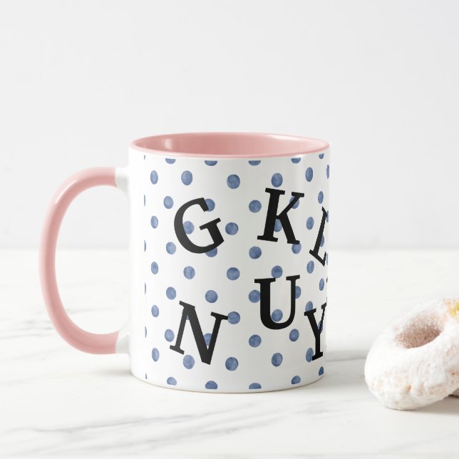 Moderne Design Polka Punkte mit schwarzem Text Blu Tasse (Mit Donut)