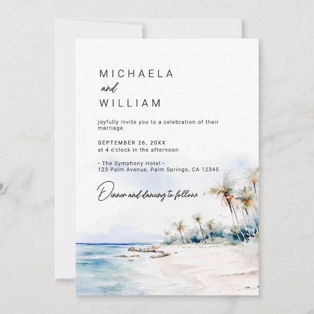 Moderne Destination Watercolor Beach Hochzeit Einladung (Vorderseite)
