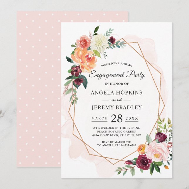 Moderne Diamant Frame Blush Floral Engagement Part Einladung (Vorne/Hinten)