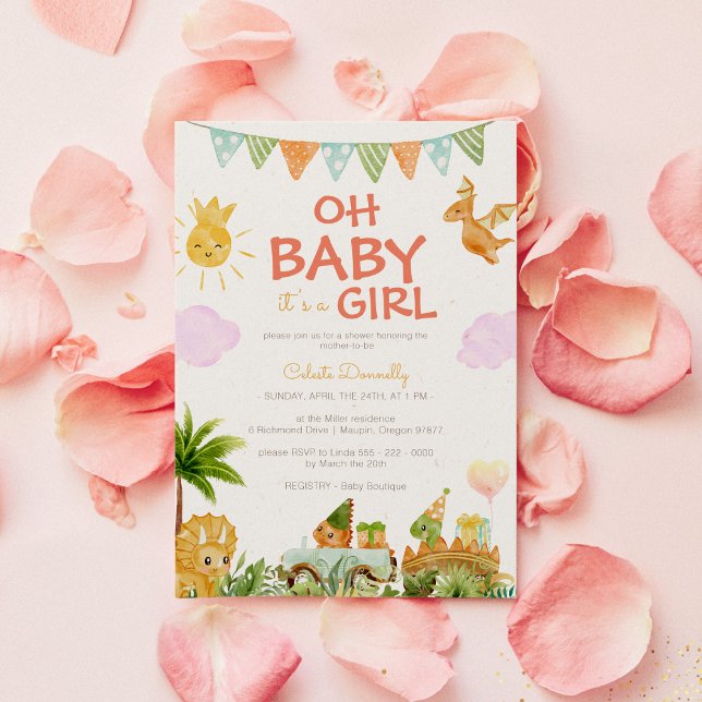 Moderne Dinosaurier White Oh Baby Girl Dusche Einladung (Von Creator hochgeladen)