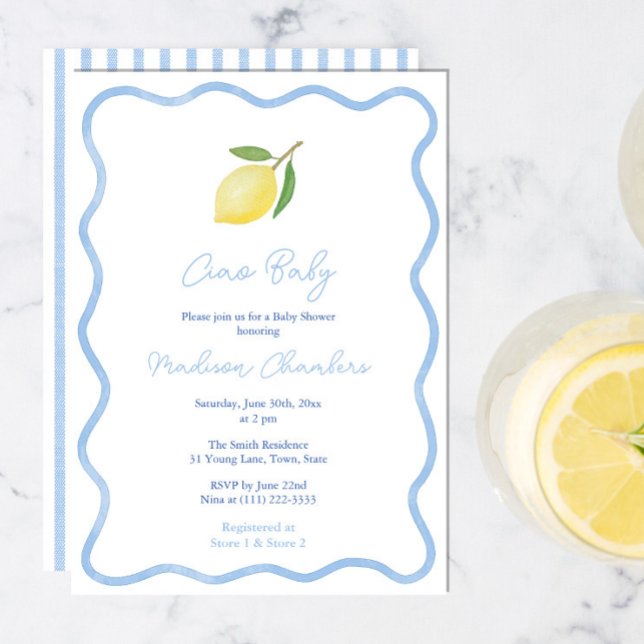 Moderne Doodle Blue Border Lemon Baby Boy Dusche Einladung (Ciao baby! Boho citrus baby boy shower invitations with wavy border and pale blue and white stripes)