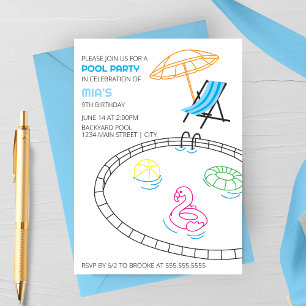 Moderne Doodles Poolparty-Geburtstags-Einladung Einladung