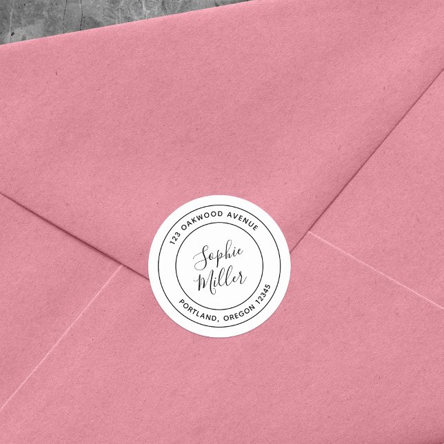 Moderne Doppelgrenzkalligraphie-Rücksendeadresse Runder Aufkleber (Von Creator hochgeladen)