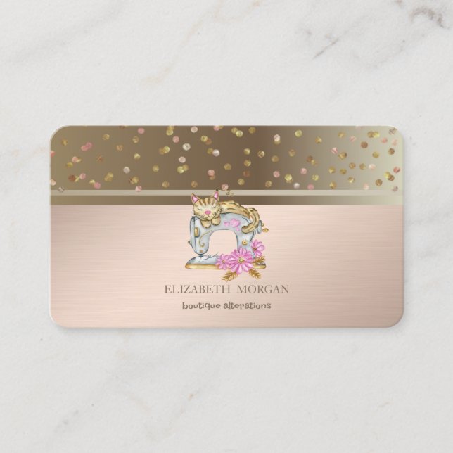 Moderne Dots Confetti Floral Nähmaschine Katze Visitenkarte (Vorderseite)