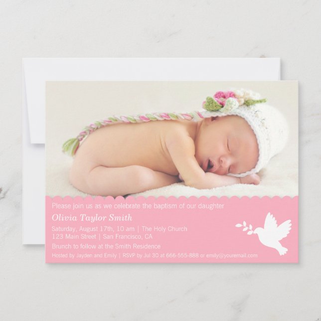 Moderne Dove Baby Girl Taufen Einladungen (Vorderseite)