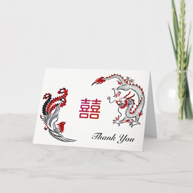 Moderne Drache-Phoenix Doppelte-XI Hochzeit Dankeskarte (Vorderseite)