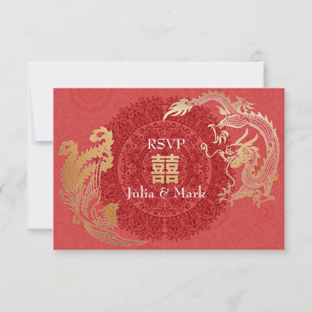Moderne Dragon-Phoenix-Chinesische Hochzeit RSVP R Karte (Vorderseite)