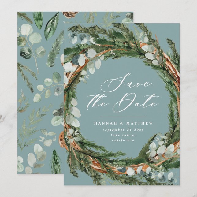Moderne Drehbuch Eukalyptus elegante Hochzeit Save The Date (Vorne/Hinten)