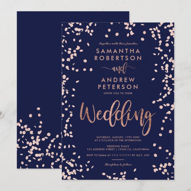 Moderne Drehbuch Rose Gold Konfetti Marinebräu Hoc Einladung (Vorne/Hinten)