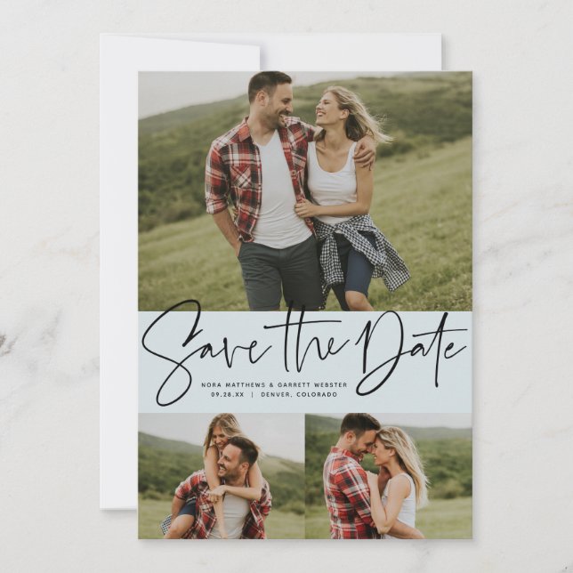 Moderne Drehbuch-Trend drei Foto hellblau Save The Date (Vorderseite)
