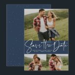 Moderne Drehbuch-Trend Drei-Foto-Marine Save The Date<br><div class="desc">Mit drei Fotos und einem modernen, "Save the Date" in Weiß geschriebenen Drehbuch auf marineblau Hintergrund ist diese Karte der perfekte Weg, um Ihre Verlobung und kommende Hochzeit für Freunde und Familie zu verkünden. Der weiße Text ist fett und modern, aber dennoch raffiniert. Der anpassbare Text auf der Vorderseite hat...</div>