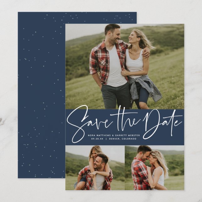 Moderne Drehbuch-Trend Drei-Foto-Marine Save The Date (Vorne/Hinten)