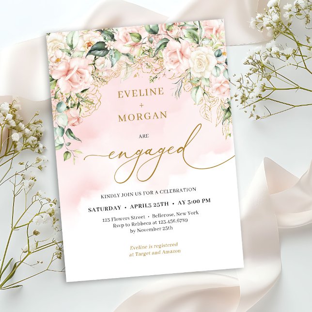 Moderne Drehbücher für Rose in Rot und Gold Einladung (Elegant watercolor pale pink roses sage green and gold engagement invitation digital)