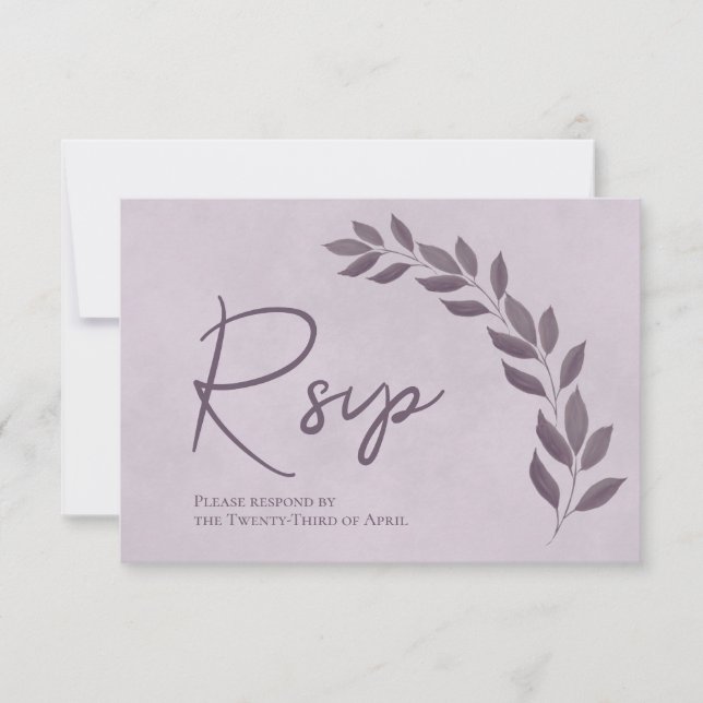 Moderne Drehbücher Lila & Plum-Blätter Hochzeit RSVP Karte (Vorderseite)