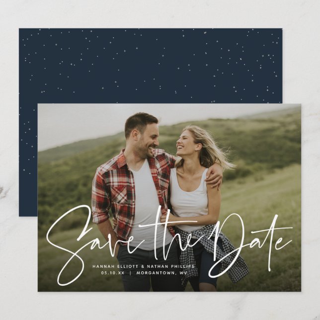 Moderne Drehbuchführung Save the Date Fotokarte (Vorne/Hinten)
