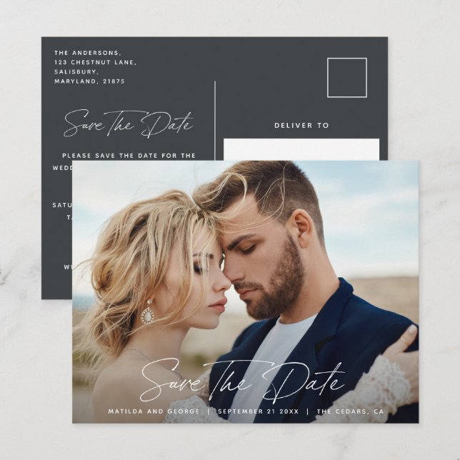Moderne Drehbuchhochzeit Ankündigungspostkarte (Vorne/Hinten)