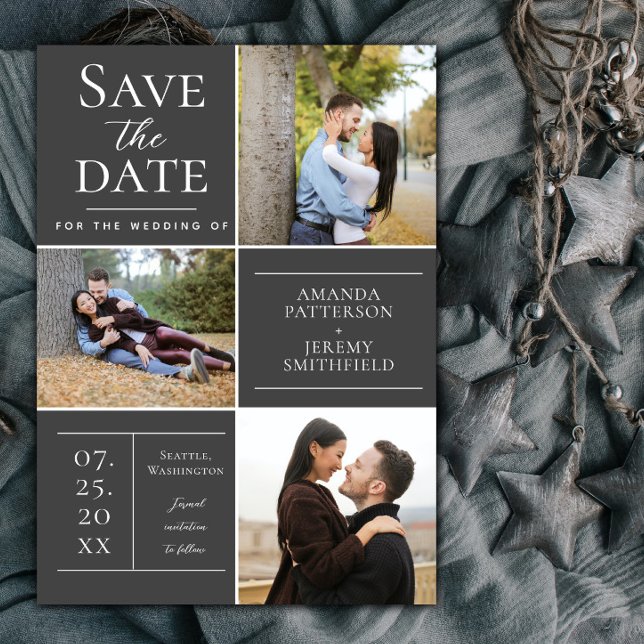Moderne Drei-Foto Collage | Grau Save the Date (Dark Gray Modern Three Photo Collage Save the Date)