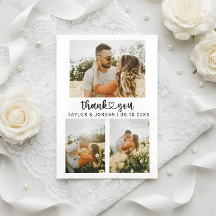 Moderne Drei-Foto-Collage Herz-Schrift Hochzeit Dankeskarte