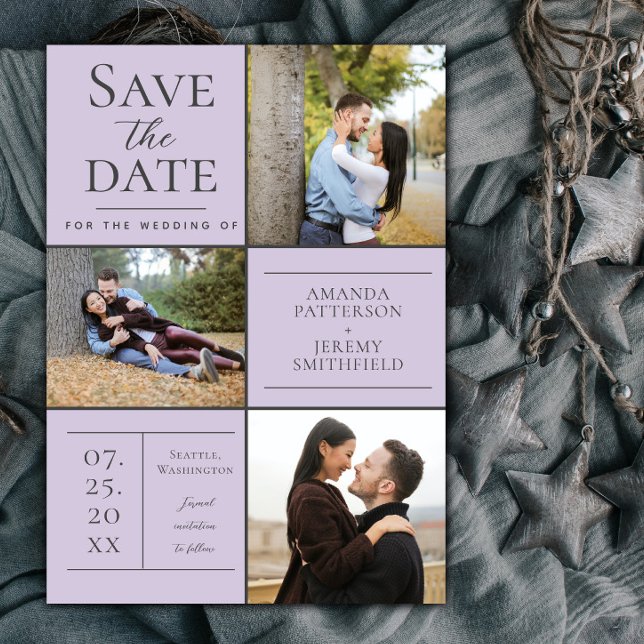Moderne Drei-Foto Collage | Lavendel Save The Date (Lavender Modern Three Photo Collage Save the Date)