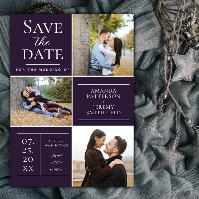 Moderne Drei-Foto Collage | Lila Save The Date (Purple Modern Three Photo Collage Save the Date)