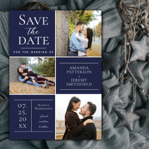 Moderne Drei-Foto Collage   Marineblau Save The Date