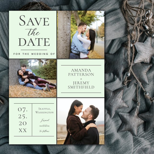 Moderne Drei-Foto Collage | Mint Green Save The Date (Mint Green Modern Three Photo Collage Save the Date)