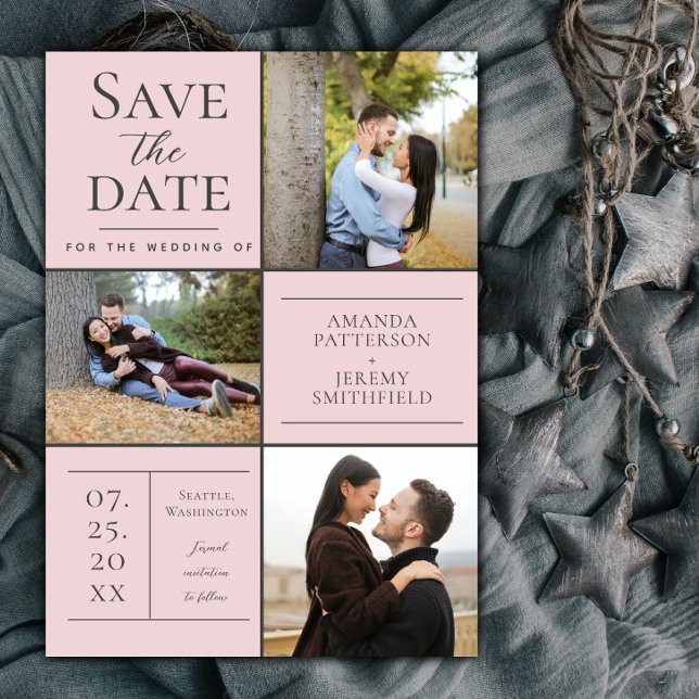 Moderne Drei-Foto Collage | Save the Date rosa (Pink Modern Three Photo Collage Save the Date)