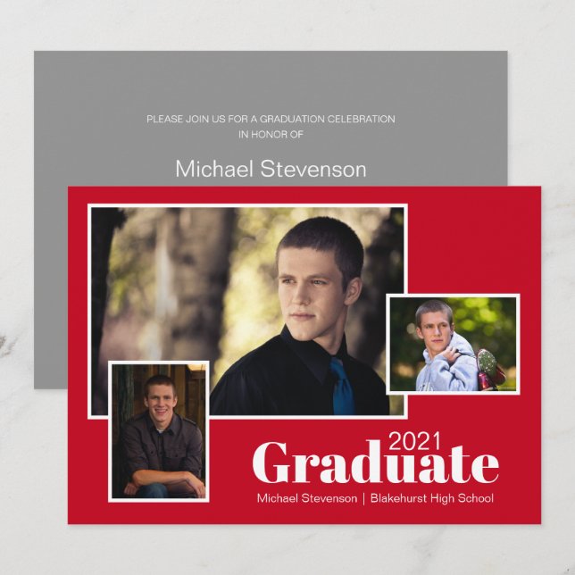 Moderne Drei-Foto-Grau- und Rote-Graduierungsparte Einladung (Vorne/Hinten)