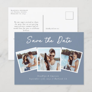 Moderne Drei-Foto-Hochzeit spart das Datum Postkarte