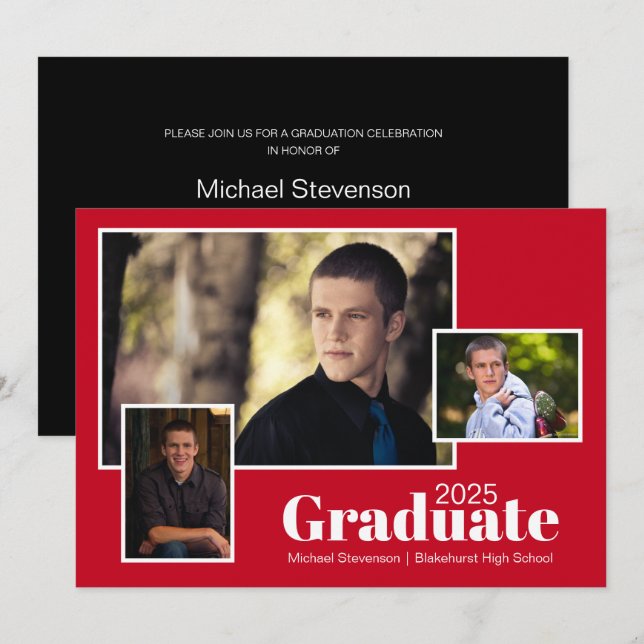 Moderne Drei-Foto-Rot-Schwarz-Graduierungspartei Einladung (Vorne/Hinten)