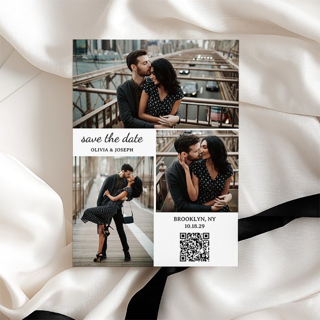 Moderne Drei-Foto- und QR-Code-Hochzeit Save The Date (Von Creator hochgeladen)