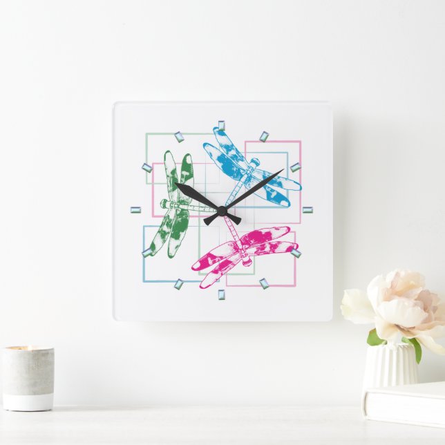 Moderne dreisfarbige Libellen-Wall-Uhr Quadratische Wanduhr (Zuhause)