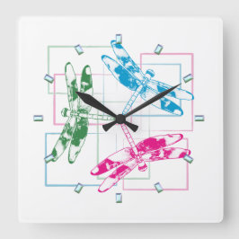 Moderne dreisfarbige Libellen-Wall-Uhr Quadratische Wanduhr