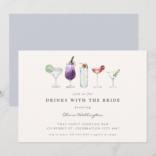 Moderne Drinks mit den Bride Watercolor Cocktails Einladung (Vorne/Hinten)
