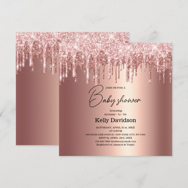 Moderne Dripping Rose Gold Baby Shower Mommy - to  Einladung (Vorne/Hinten)