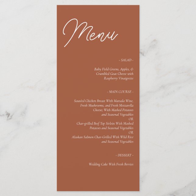 Moderne druckbare Vorlage Terracotta Wedding Menu (Vorderseite)