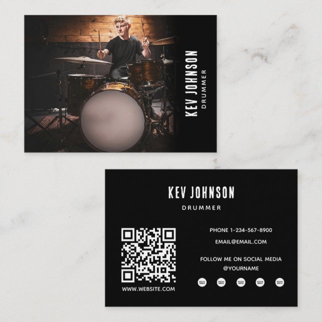 Moderne Drummer Band Musiker Full Foto Black Visitenkarte (Vorne/Hinten)