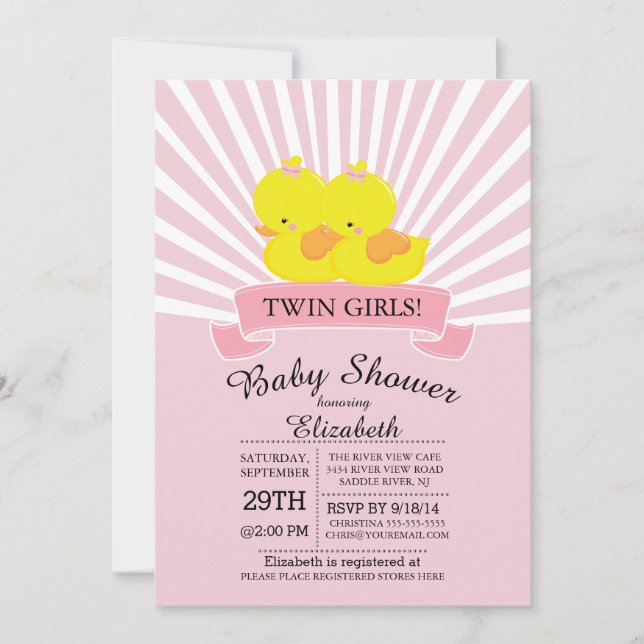 Moderne Duck Twin Girl Baby Dusche Einladung (Vorderseite)