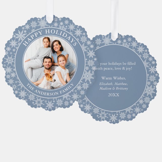 Moderne, duftige blaue Schneeflocken Happy Holiday Ornament Karte (Vorderseite/Rückseite)
