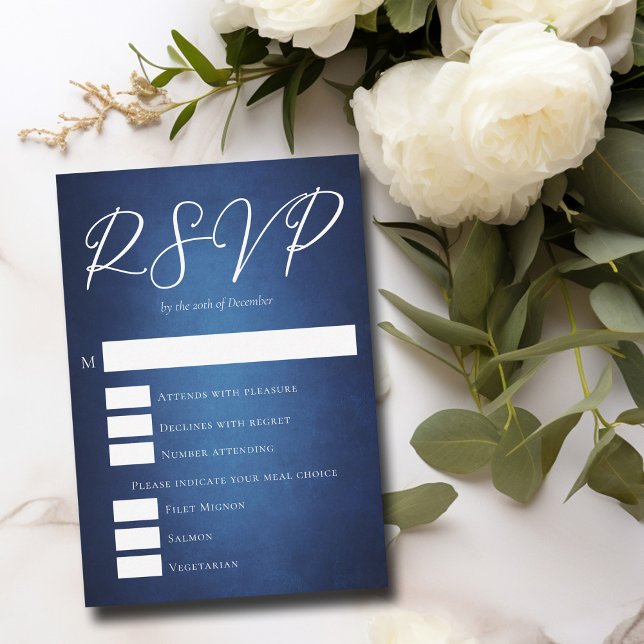 Moderne, dunkelblaue Abend-Hochzeitsmahlwahl RSVP Karte (Von Creator hochgeladen)